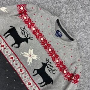 Chaps Mens L Ugly Christmas Sweater Reindeer Snowflake Fair Isle Knit‎ Gray
